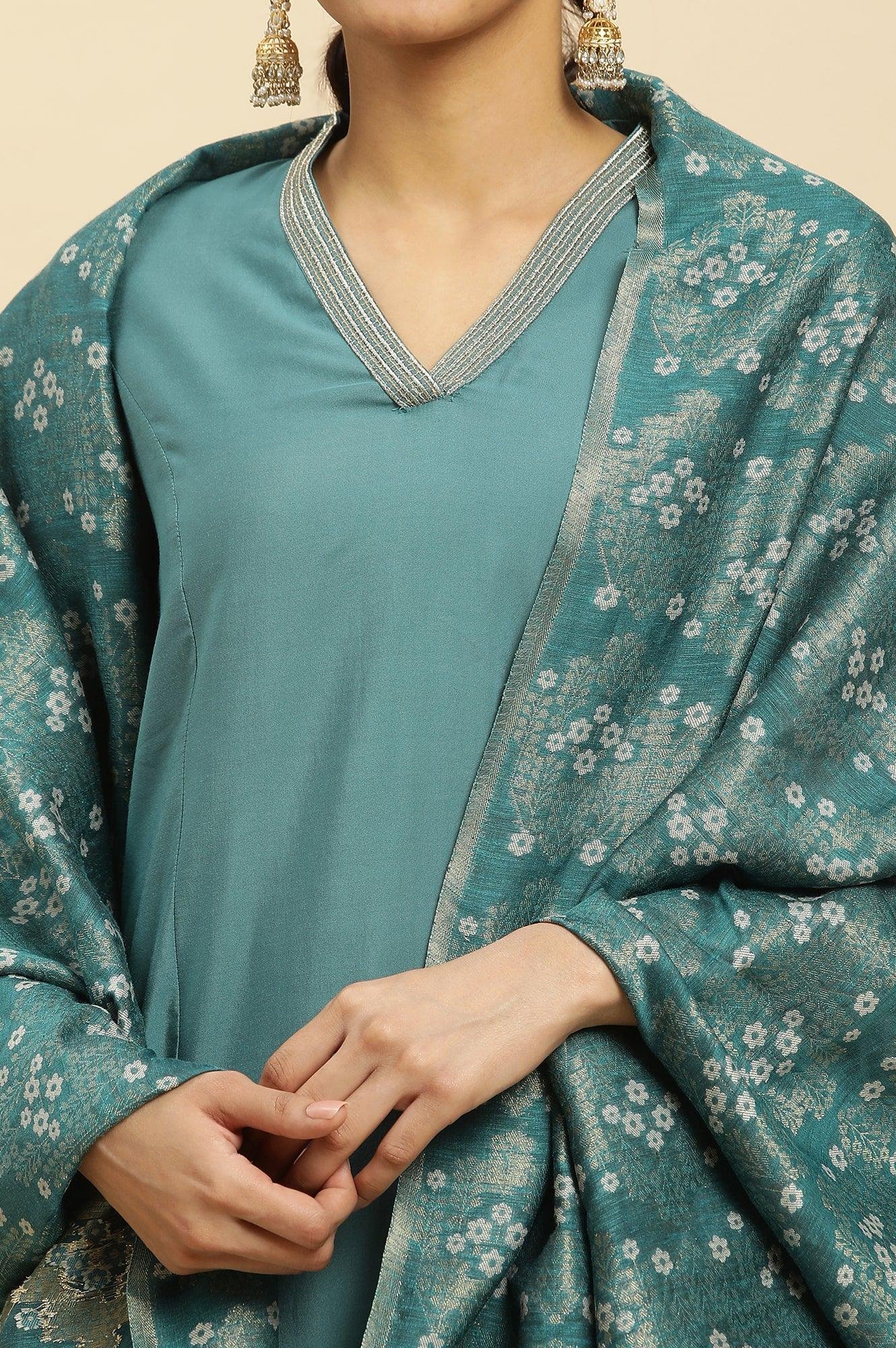 Blue Embellished Kurta, Pants And Jacquard Dupatta Set - View 2