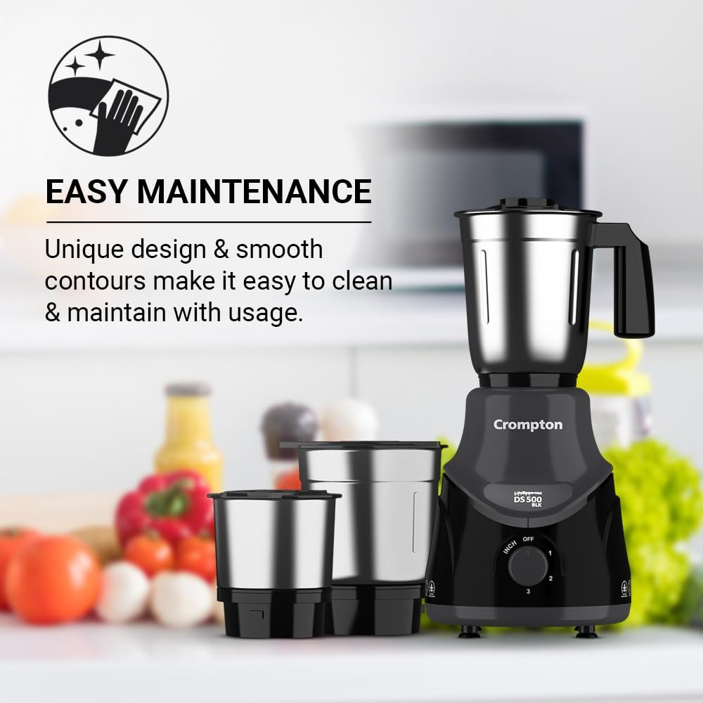 Crompton DS 500 BLK 500-Watt Mixer Grinder with Powertron Motor &amp; Motor Vent-X Technology (3 Stainless Steel Jars, Black &amp; Grey) - View 4